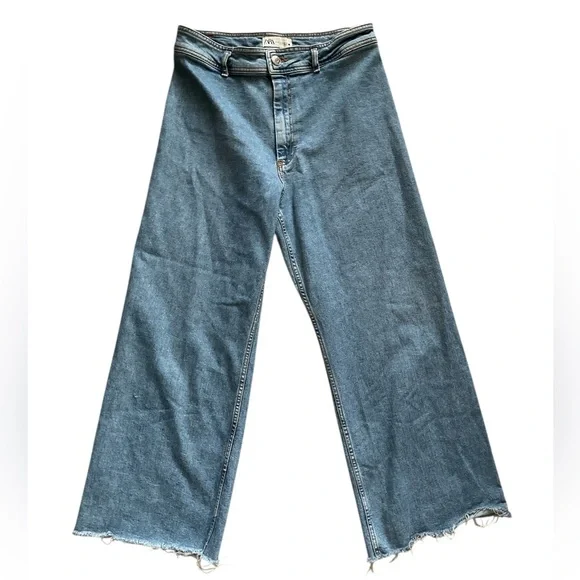 Zara High Rise Wide Leg Jeans Medium Wash 14 - Picture 2 of 4